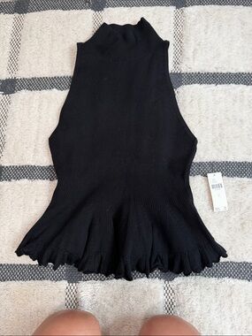 Anthropologie Black Sleeveless Mock Neck Peplum Top